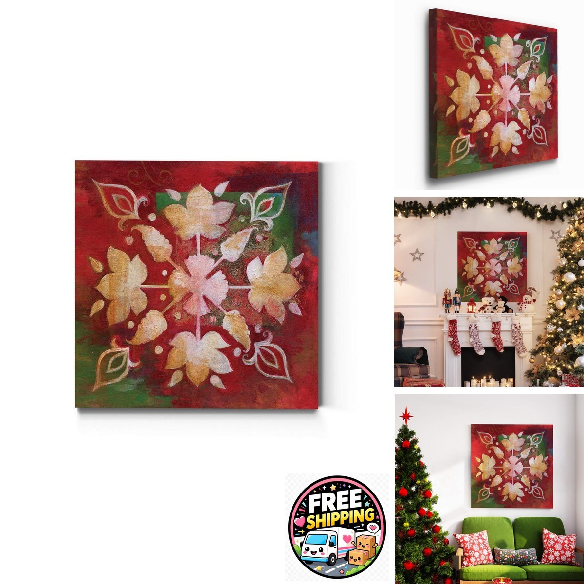 Renditions Gallery Snowflake II Canvas 32x32 in Red & Green Renditions Gallery Snowflake II Canvas 32x32 in Red & Green