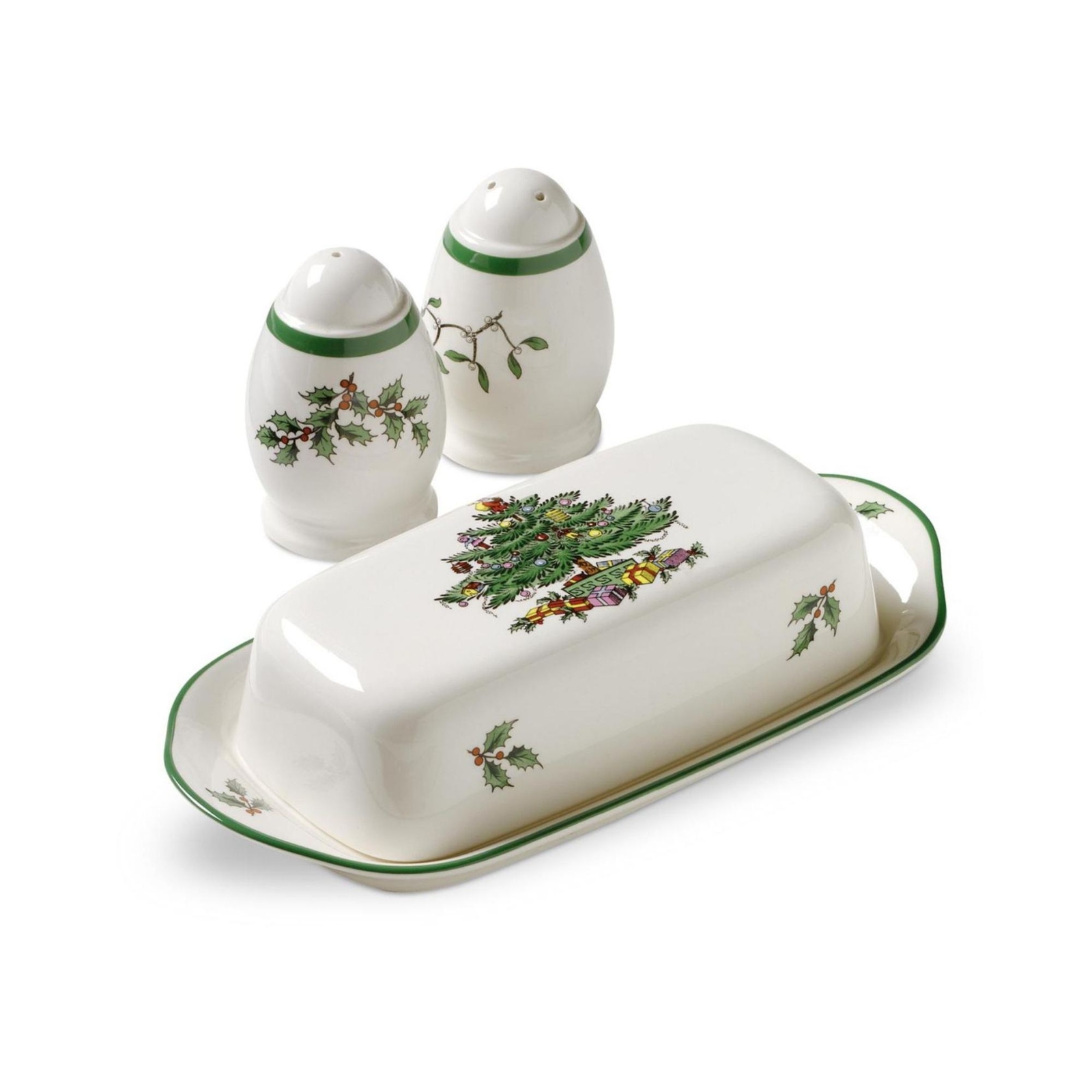Spode Christmas Tree 3-Pc Hostess Set – Salt & Pepper Shaker with Butter Dish