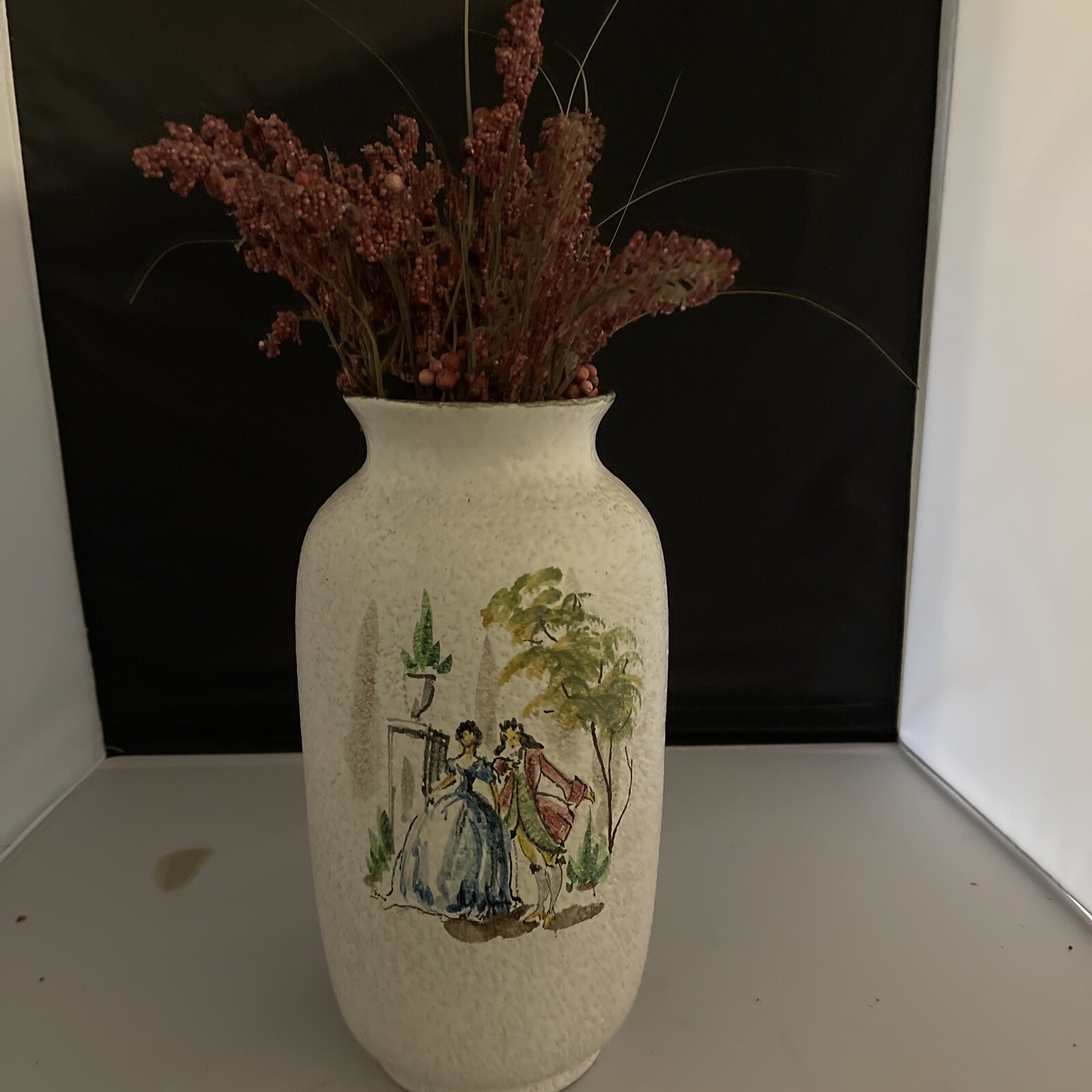 Vintage Hand Painted in Italy Signed Vase Flower Courting Couple 5x12 Cream Nasc