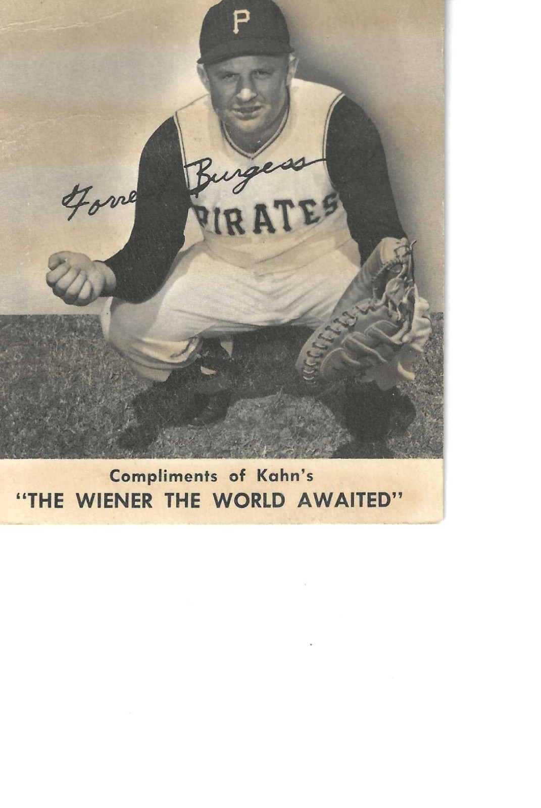 1959 Kahns Wieners Forrest ( Smokey) Burgess Pittsburgh Pirates Baseball Card 1959 Kahns Wieners Forrest ( Smokey) Burgess Pittsburgh Pirates Baseball Card