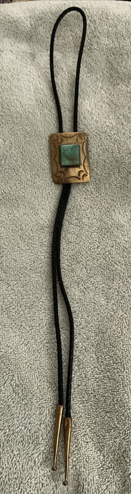Vintage Hand-Stamped Brass Bolo Tie,Genuine Turquoise,Signed CB,Bennett Clasp Vintage Hand-Stamped Brass Bolo Tie,Genuine Turquoise,Signed CB,Bennett Clasp