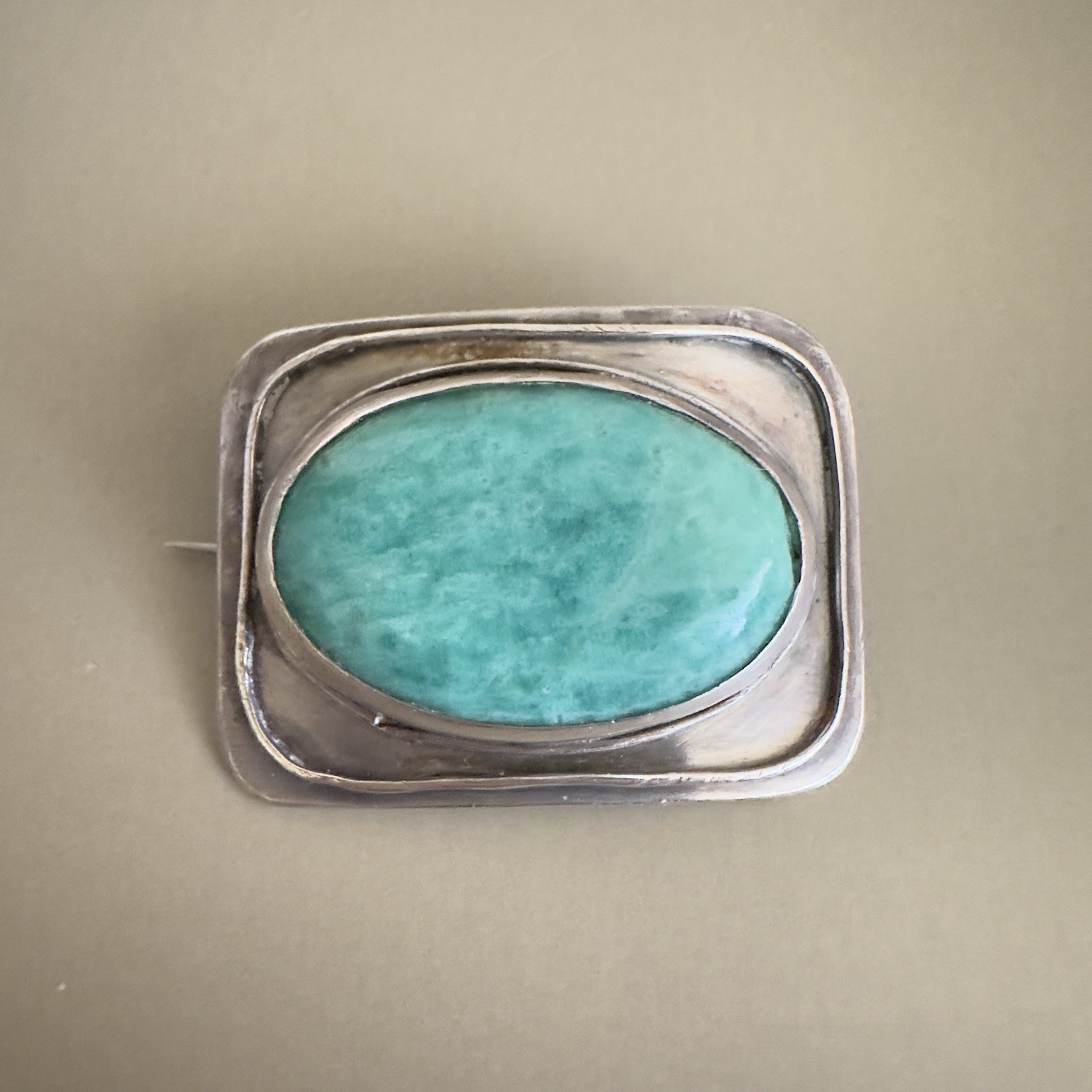 Antique Arts & Crafts Sterling Silver Green Turquoise Shadowbox Brooch Tested