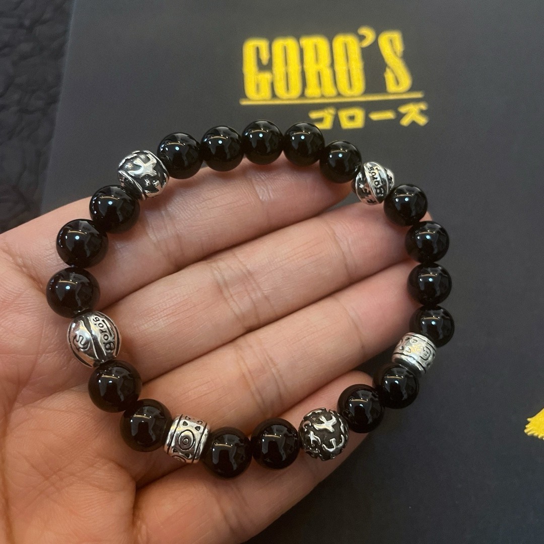 GORO\'S Obsidian Beaded Bracelet Vintage Silver Accent Wristband GORO\'S Obsidian Beaded Bracelet Vintage Silver Accent Wristband