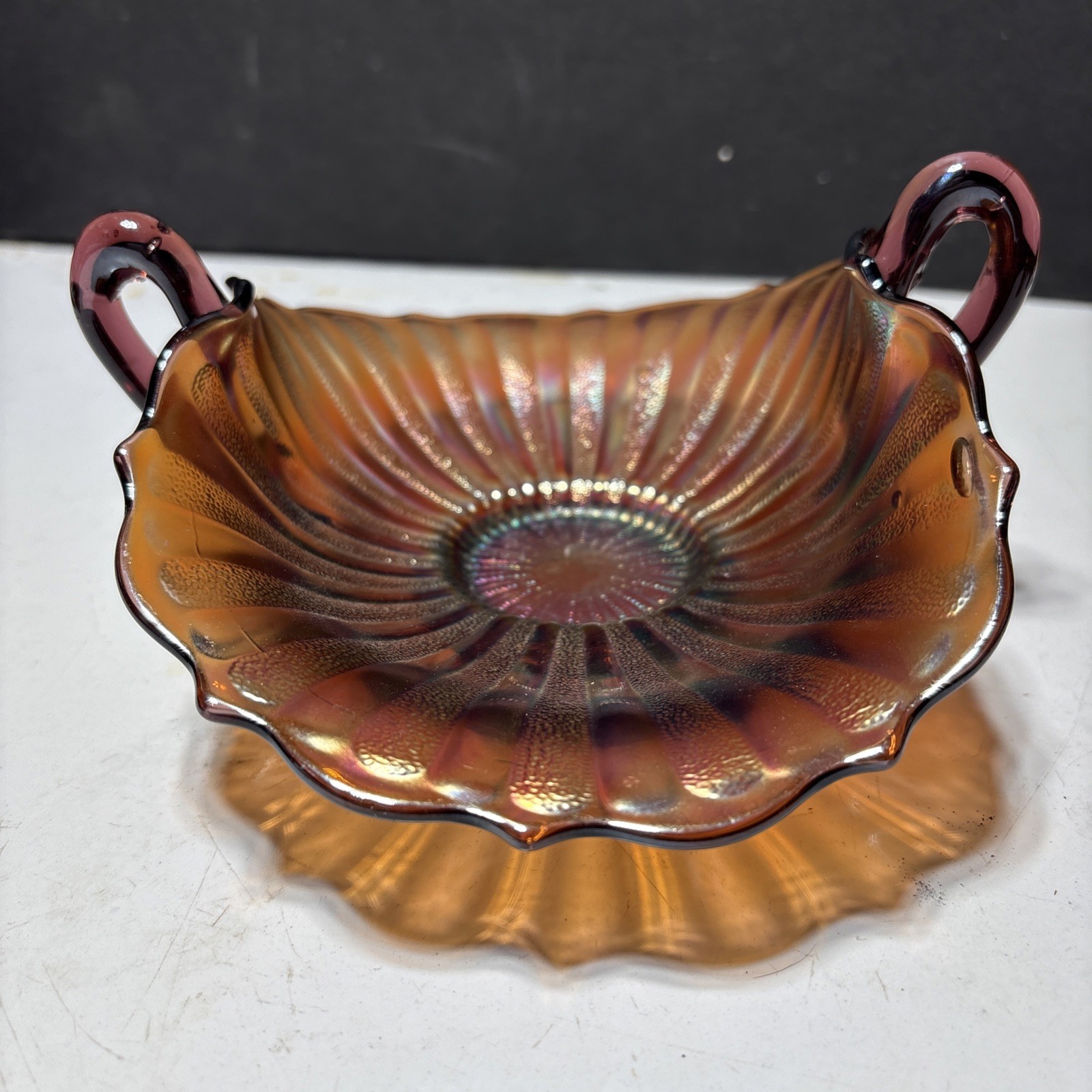 Antique FENTON Carnival Glass Stippled Rays Purple Amethyst Double Handle Bowl Antique FENTON Carnival Glass Stippled Rays Purple Amethyst Double Handle Bowl