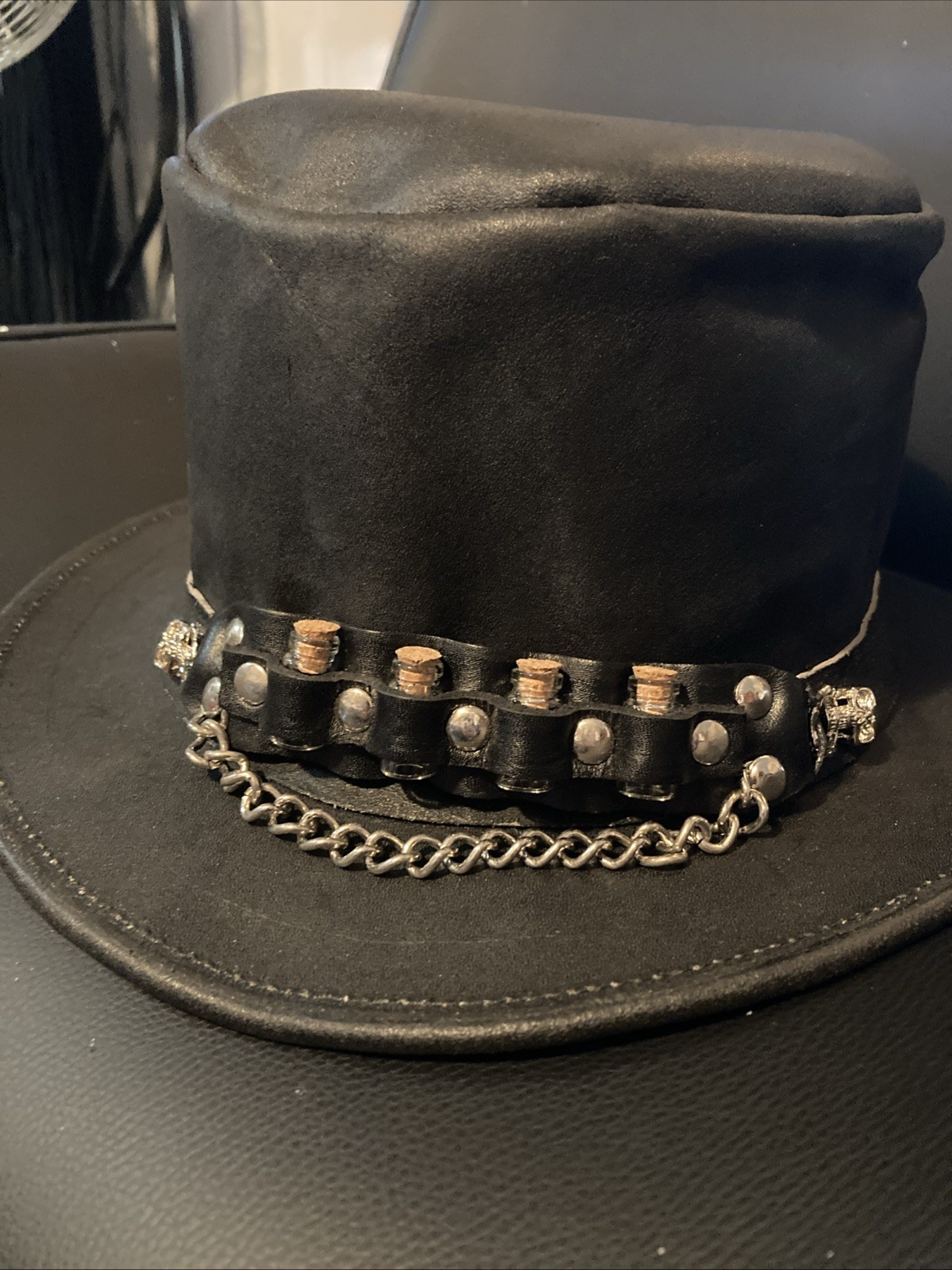 Genuine Black Leather Plague Doctor Hat With Potion Bottles And Skulls