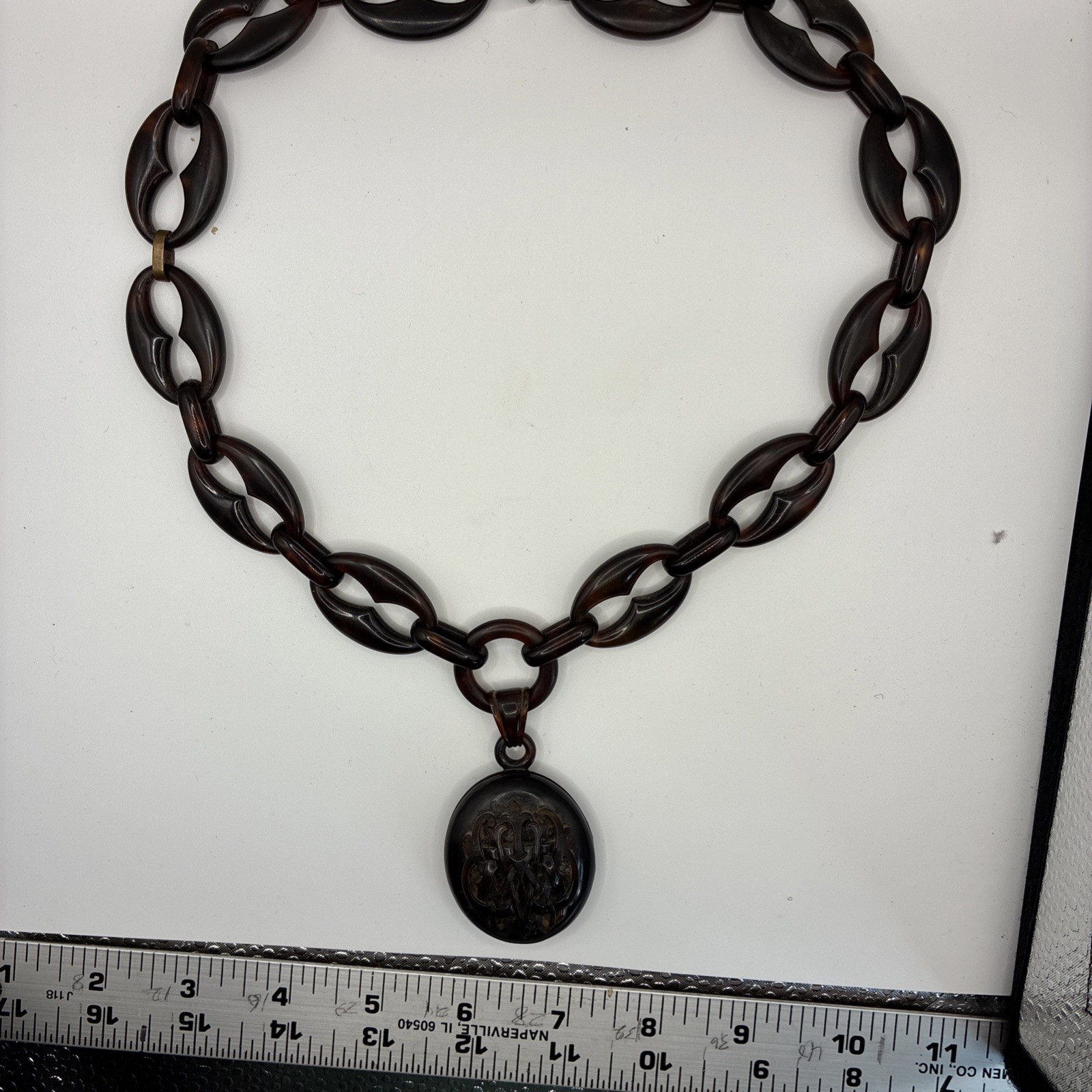 Antique Large Tortoise Shell Oval Locket On Carved Tortoise Shell Link Chain