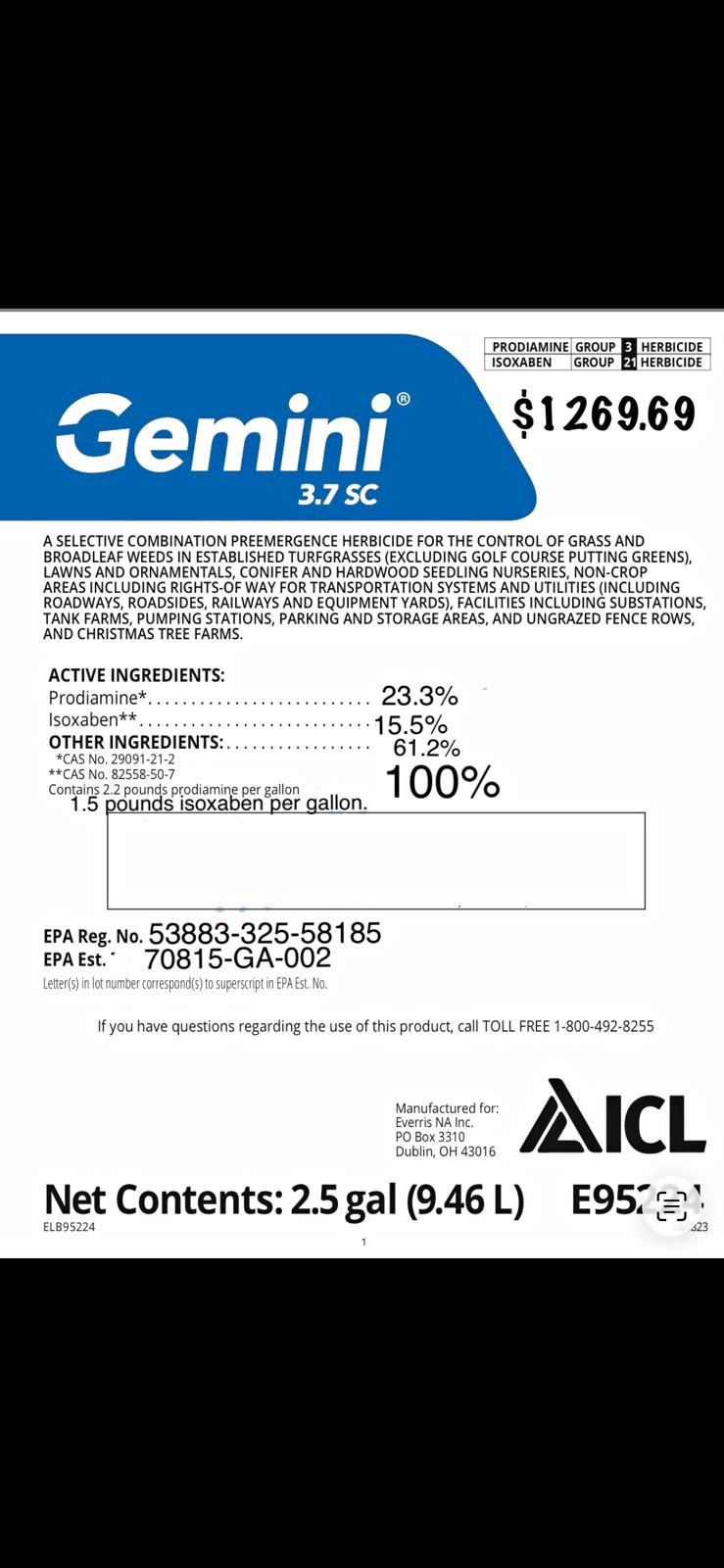 ICL Gemini 3.7 SC Preemergence Herbicide Selective Weed Control 2.5 Gal ICL Gemini 3.7 SC Preemergence Herbicide Selective Weed Control 2.5 Gal