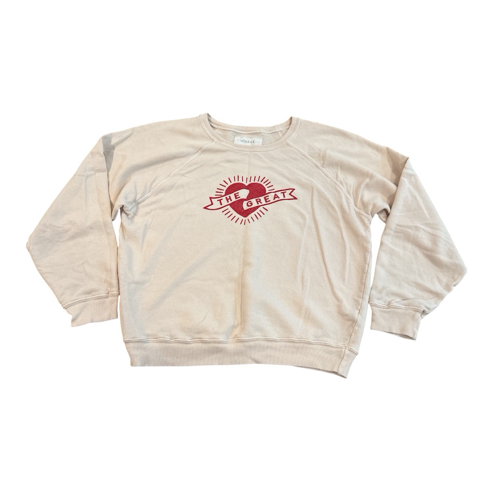 The Great Sweatshirt Womens 3 Beige Terry Crewneck Raglan Pullover Heart Graphic The Great Sweatshirt Womens 3 Beige Terry Crewneck Raglan Pullover Heart Graphic