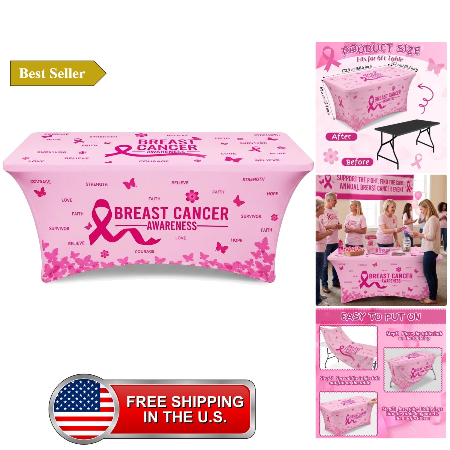 Breast Cancer Awareness Tablecloth, 6 FT Pink Ribbon Table Cover Breast Cancer Awareness Tablecloth, 6 FT Pink Ribbon Table Cover