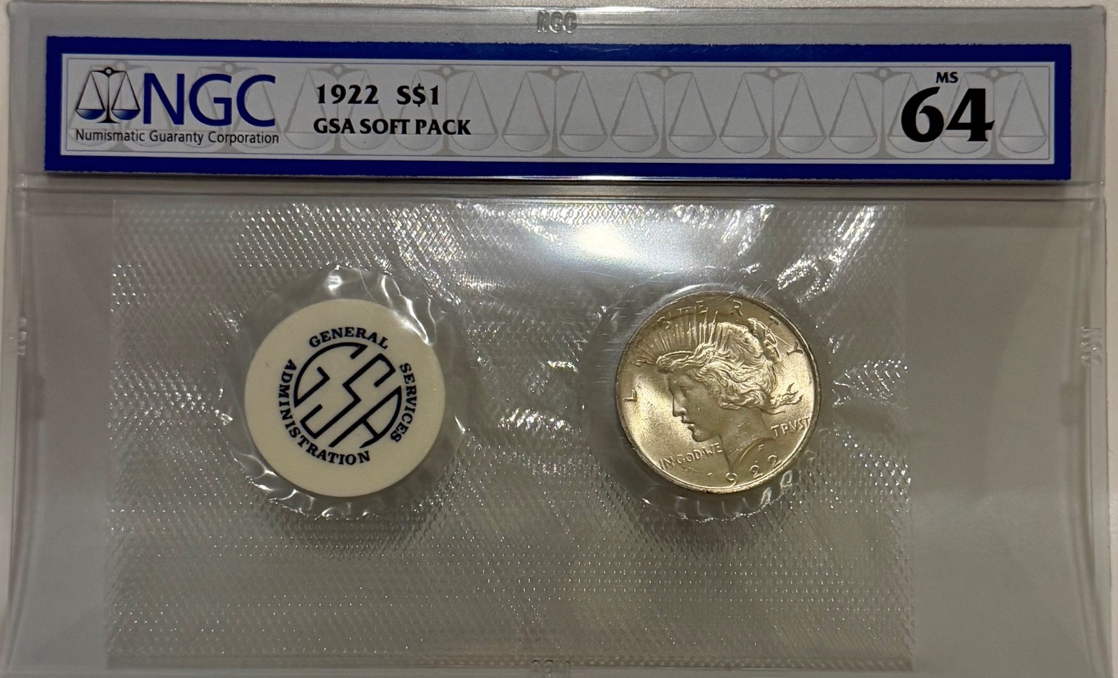 1922 P Peace Silver Dollar NGC MS64 Original GSA Soft Pack