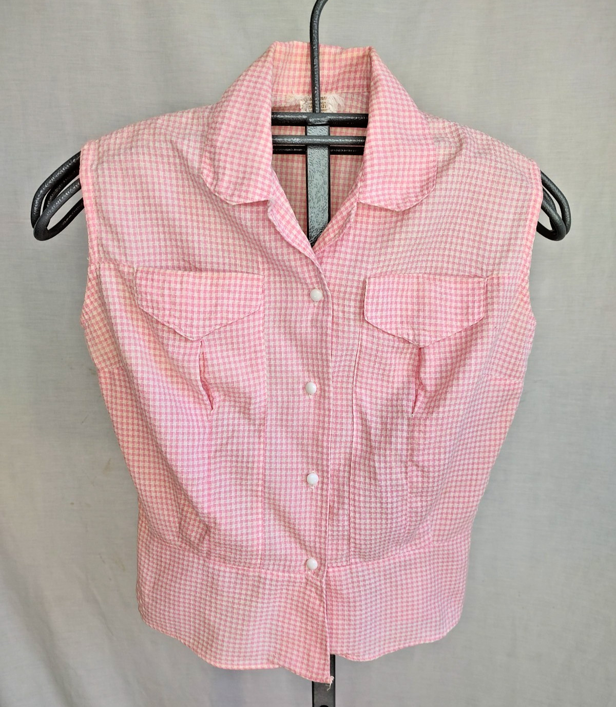 Vtg 60s Womens Sanforized Gingham Shirt Top Sz 34 Pink Check Fitted Rockabilly Vtg 60s Womens Sanforized Gingham Shirt Top Sz 34 Pink Check Fitted Rockabilly