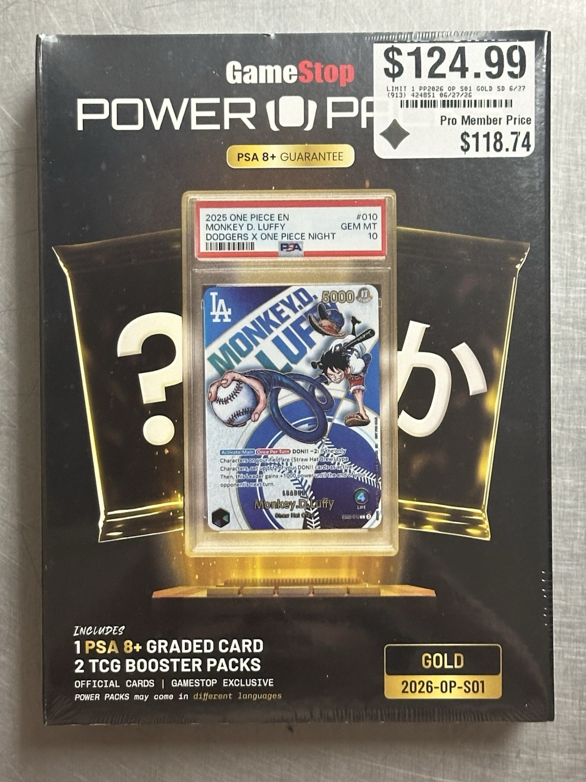 NEW Sealed GameStop Power Pack 2026 One Piece Gold Series 01 DODGERS ONE PIECE