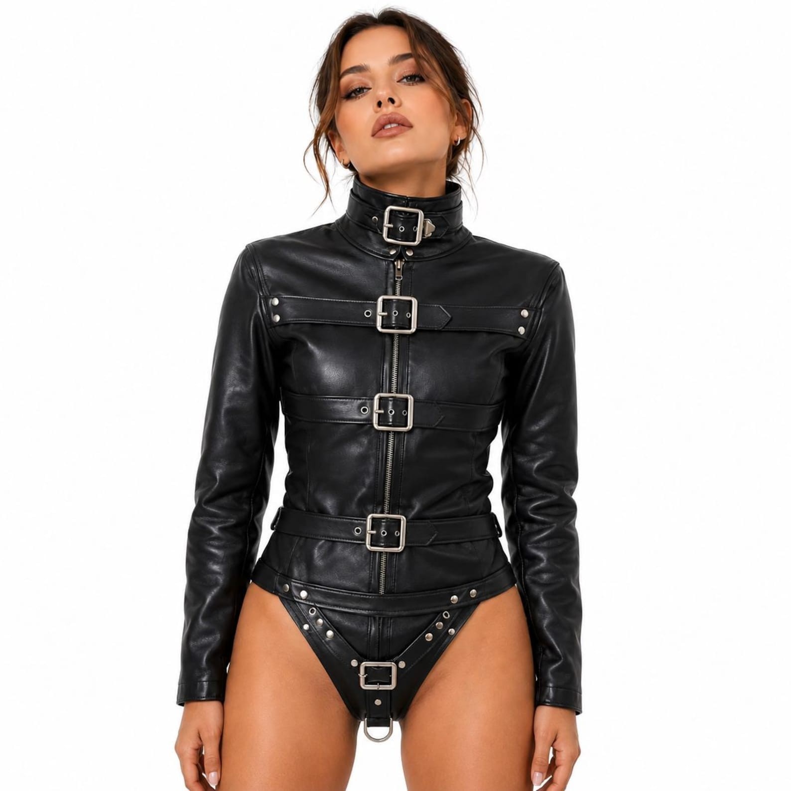 Women\'s Genuine Cow Leather Bodysuit Black Buckle Zip Front High Neck Handmade