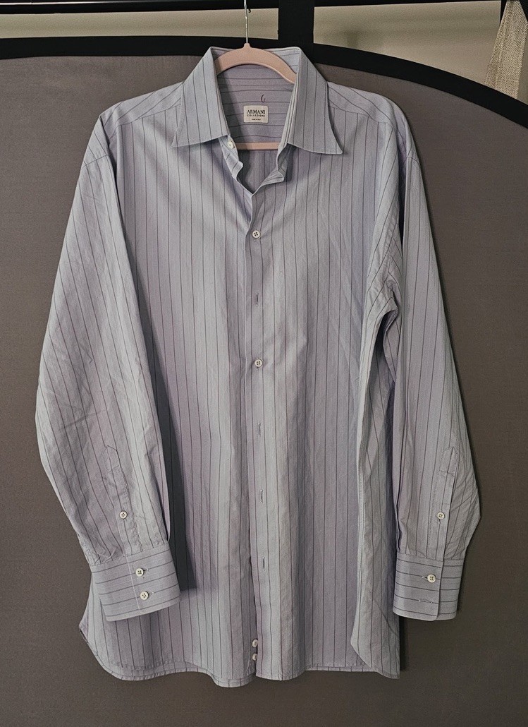 Armani Collezioni Men\'s Blue/Red Striped Cotton Dress Shirt 17 Long Sleeve