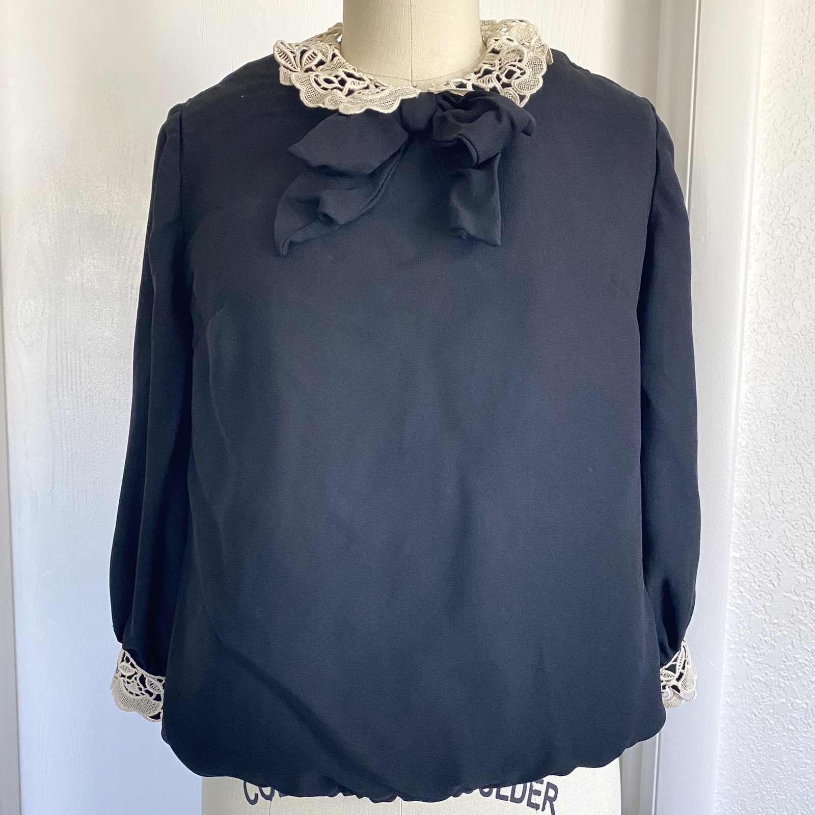 Vintage 60s Lace Blouse High Neck Victorian Witchy Goth Dark Romantic Wednesday