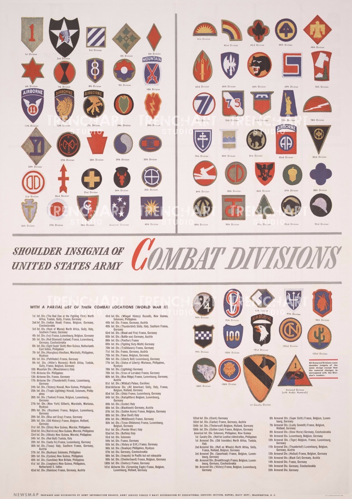 WW2 Poster Shoulder Insignia US Army Combat division Patch print wall art WWII