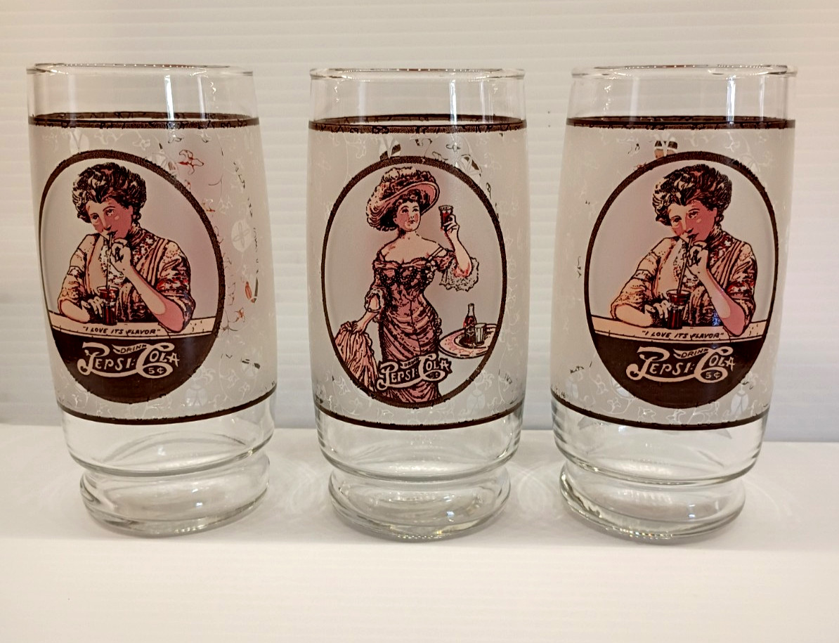 Set of 3 Vintage 1970\'s PEPSI COLA 16 oz Glasses Victorian Lady + Gibson Girl Set of 3 Vintage 1970\'s PEPSI COLA 16 oz Glasses Victorian Lady + Gibson Girl