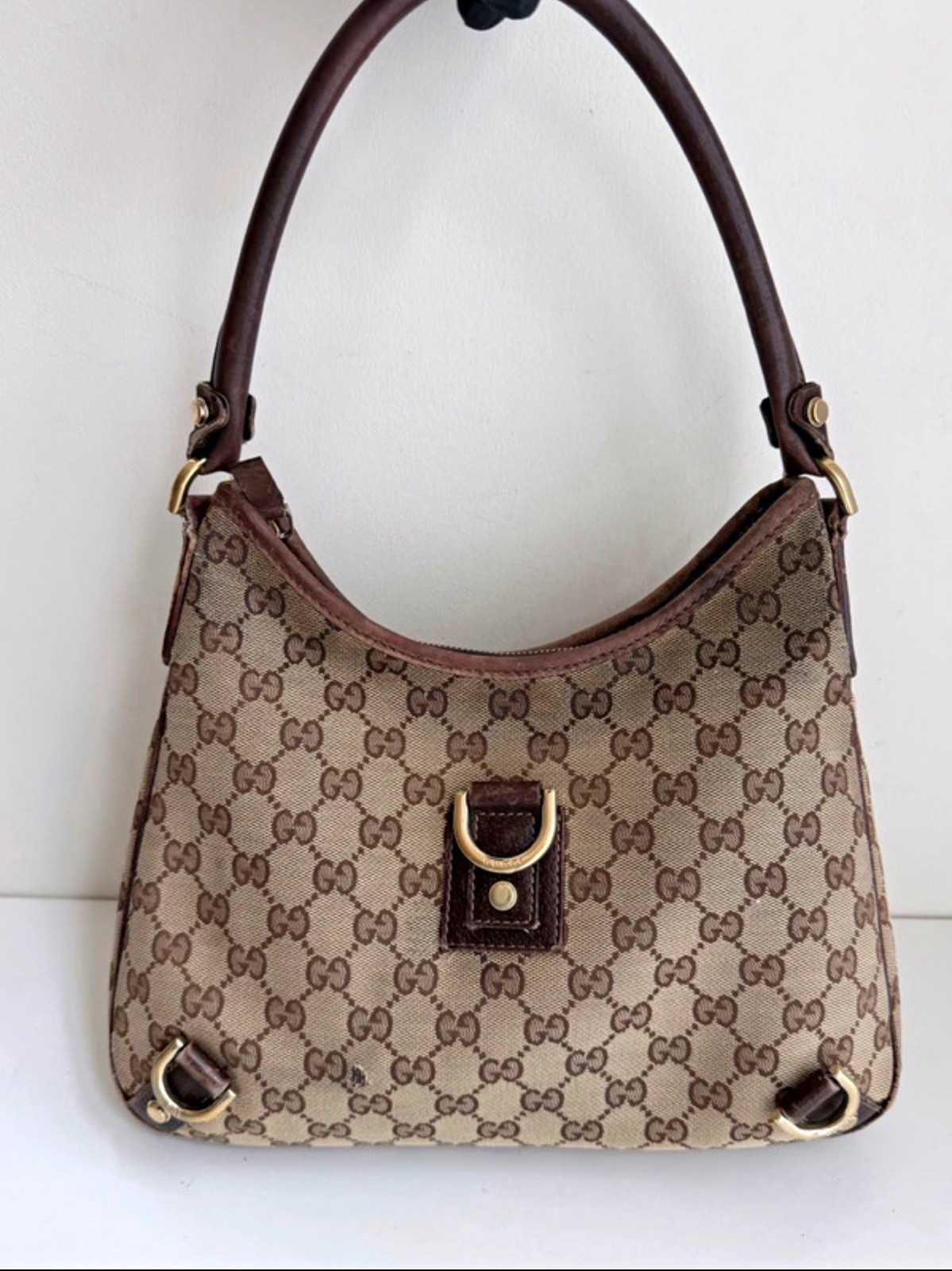 Vintage Gucci D-ring Abbey GG Monogram Hobo Canvas Shoulder Bag Logo