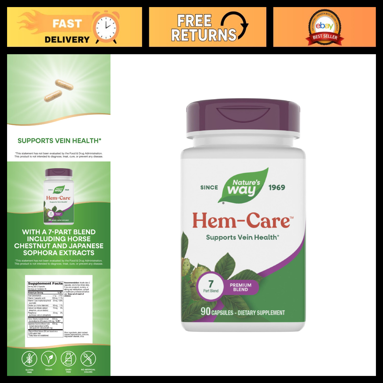 Premium Hem-Care Vein Health Supplement, 90 Capsules for Circulation Support Premium Hem-Care Vein Health Supplement, 90 Capsules for Circulation Support