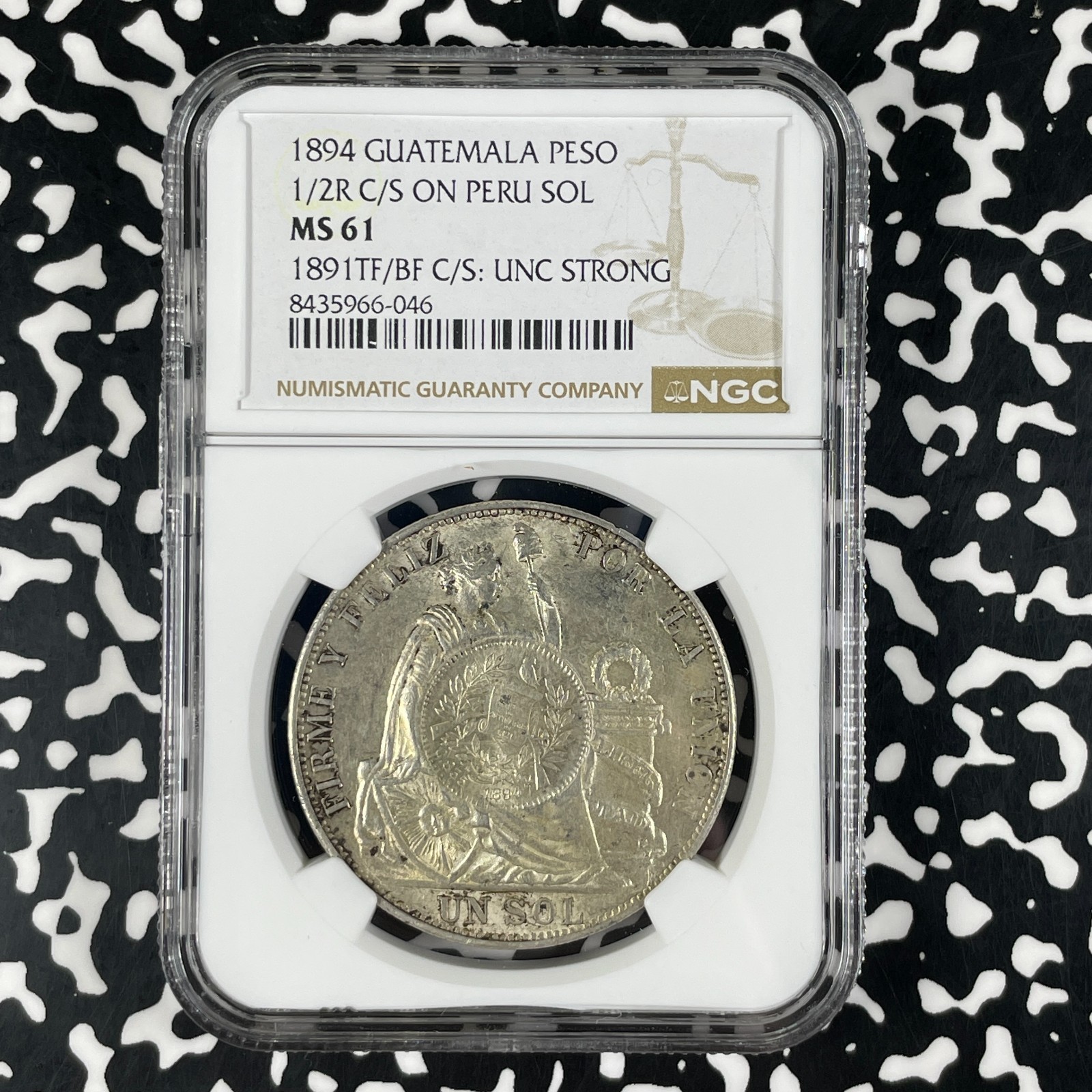 1894 Guatemala 1 Peso With 1/2 Real C/S On 1 Sol NGC MS61 Lot#G2259 Silver