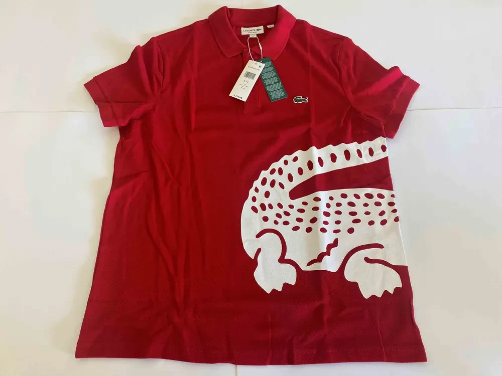 Lacoste Men\'s Short Sleeve Jersey Regular Fit Polo Shirt, Red, M ALIGATOR PRINT Lacoste Men\'s Short Sleeve Jersey Regular Fit Polo Shirt, Red, M ALIGATOR PRINT