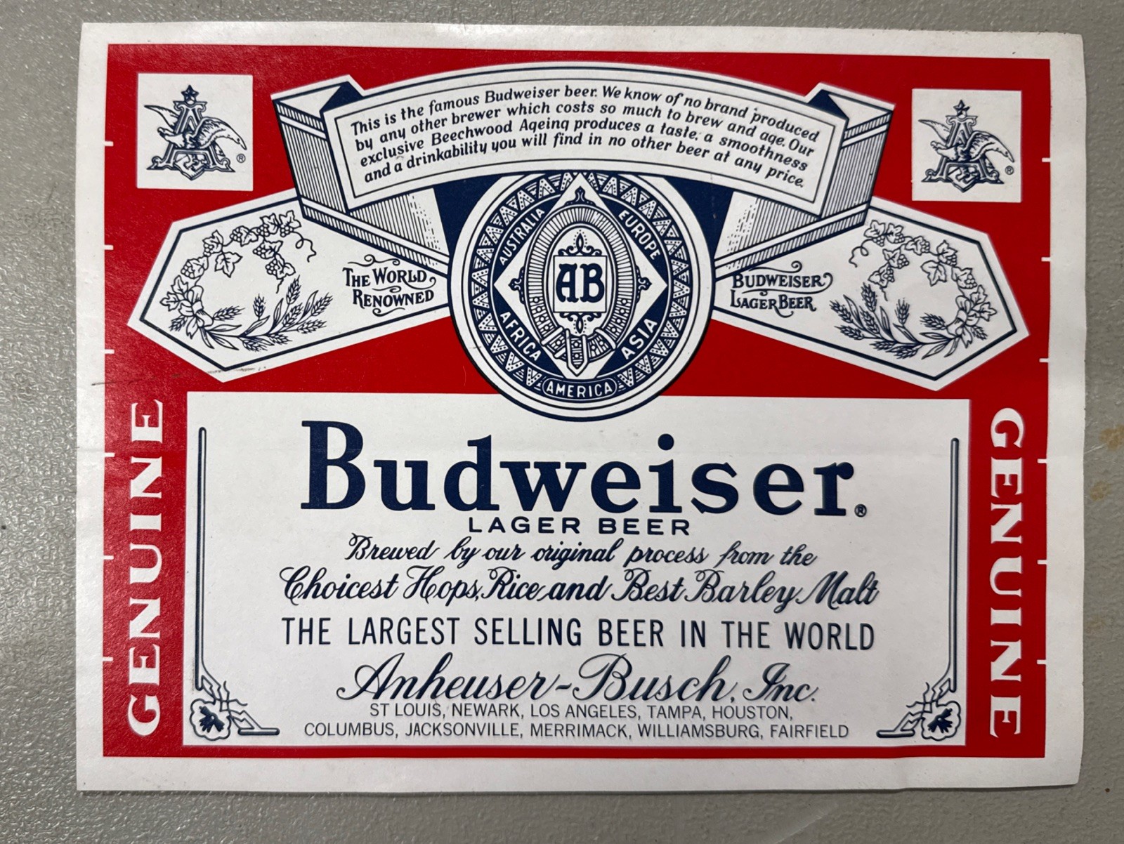  Vintage  Anheuser Busch BUDWEISER BEER Decal STICKER 9.25x7 Inch Bar Tavern
