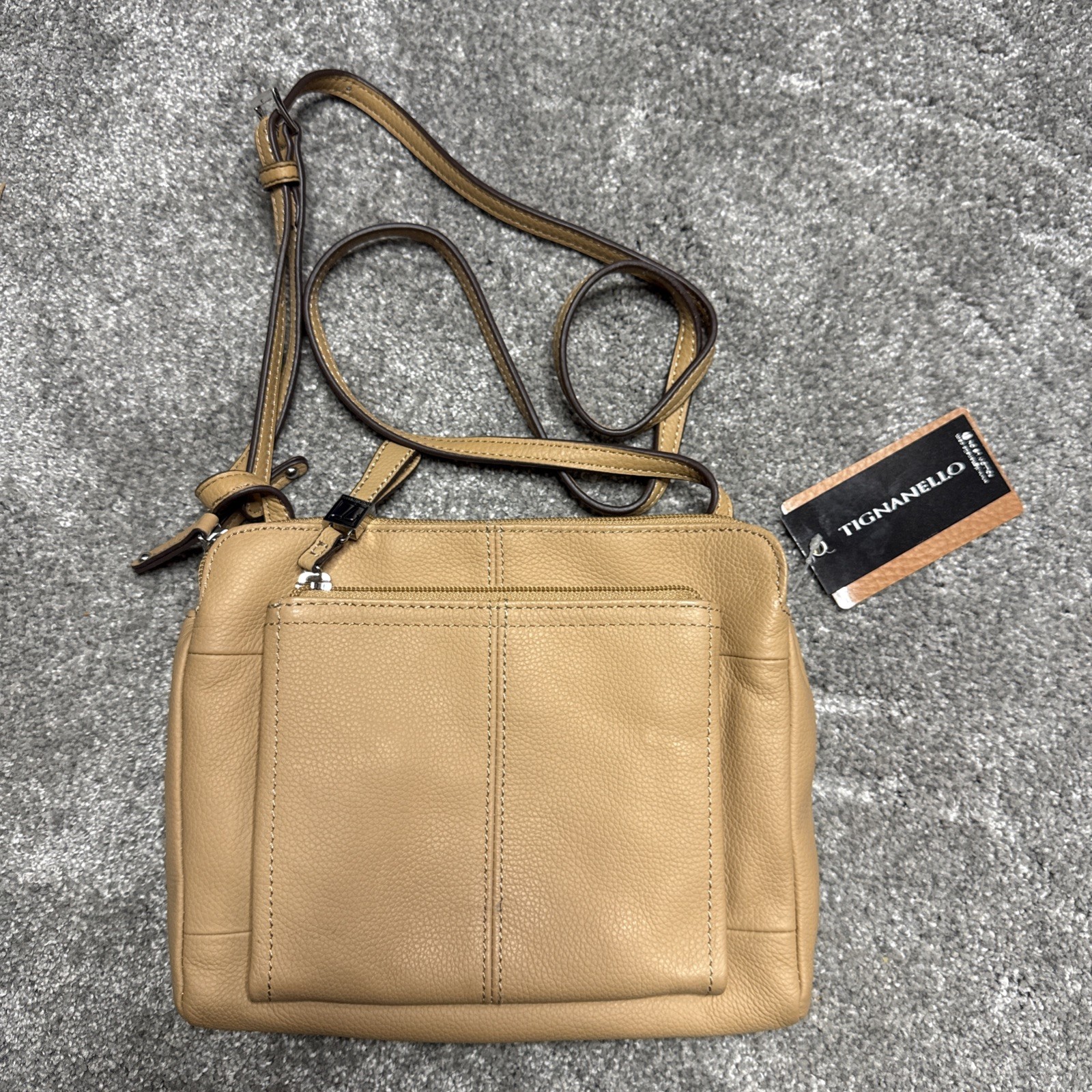 Tignanello Tan Genuine Leather Crossbody Bag Small Zip Shoulder Purse 