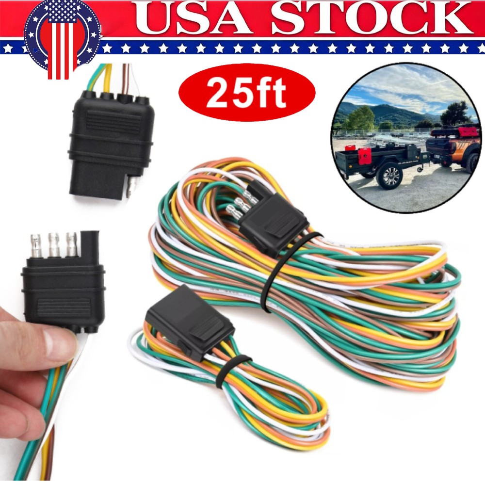 25' 4-Pin Trailer Light Plug Wiring Harness Extension 18 AWG Flat Wire Connector