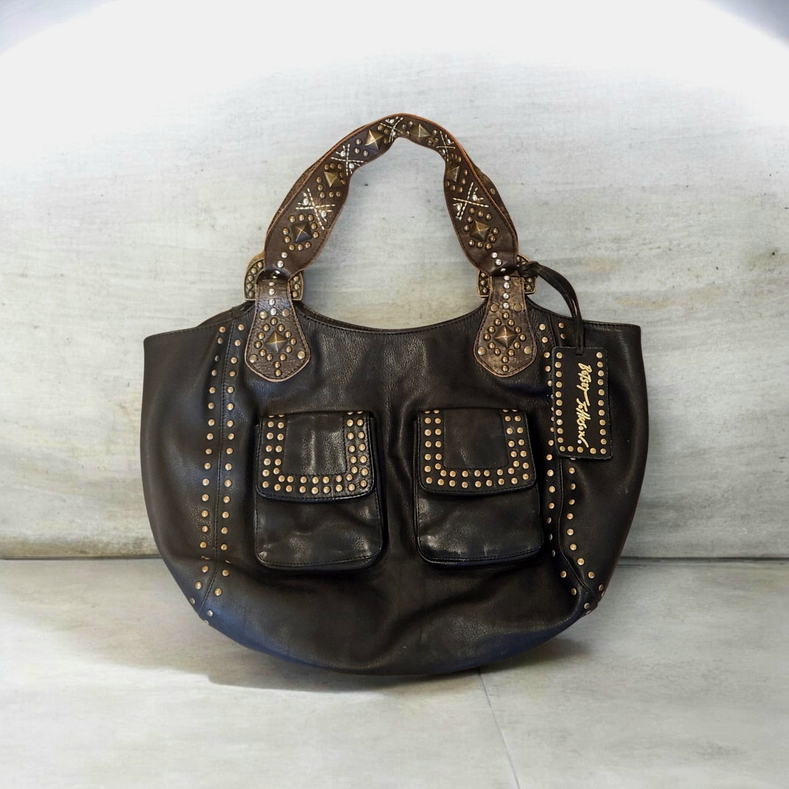 Vtg Betsey Johnson Soft Black Leather Brass Studded Hobo Y2K Shoulder Bag Rare