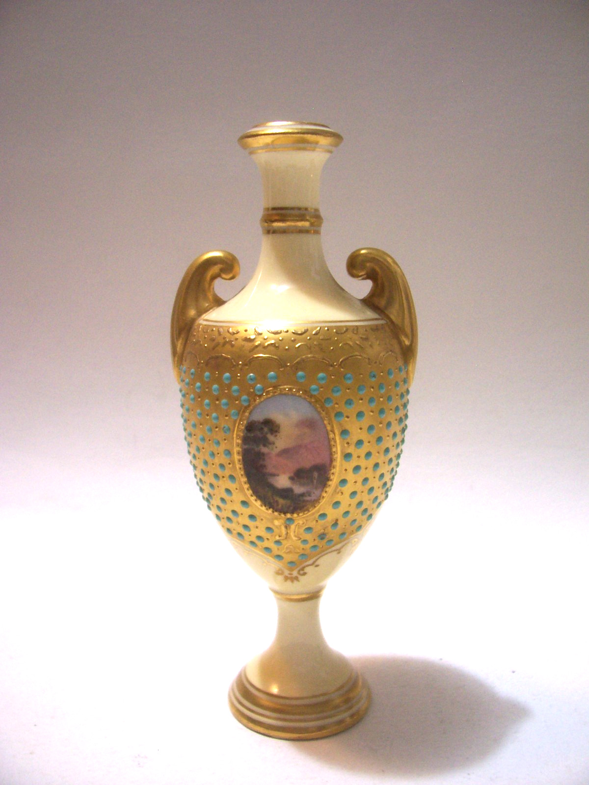 ANTIQUE COALPORT  RAISED GOLD TURQUOISE JEWELED ENCRUSTED VASE 4 1/2 INCHES