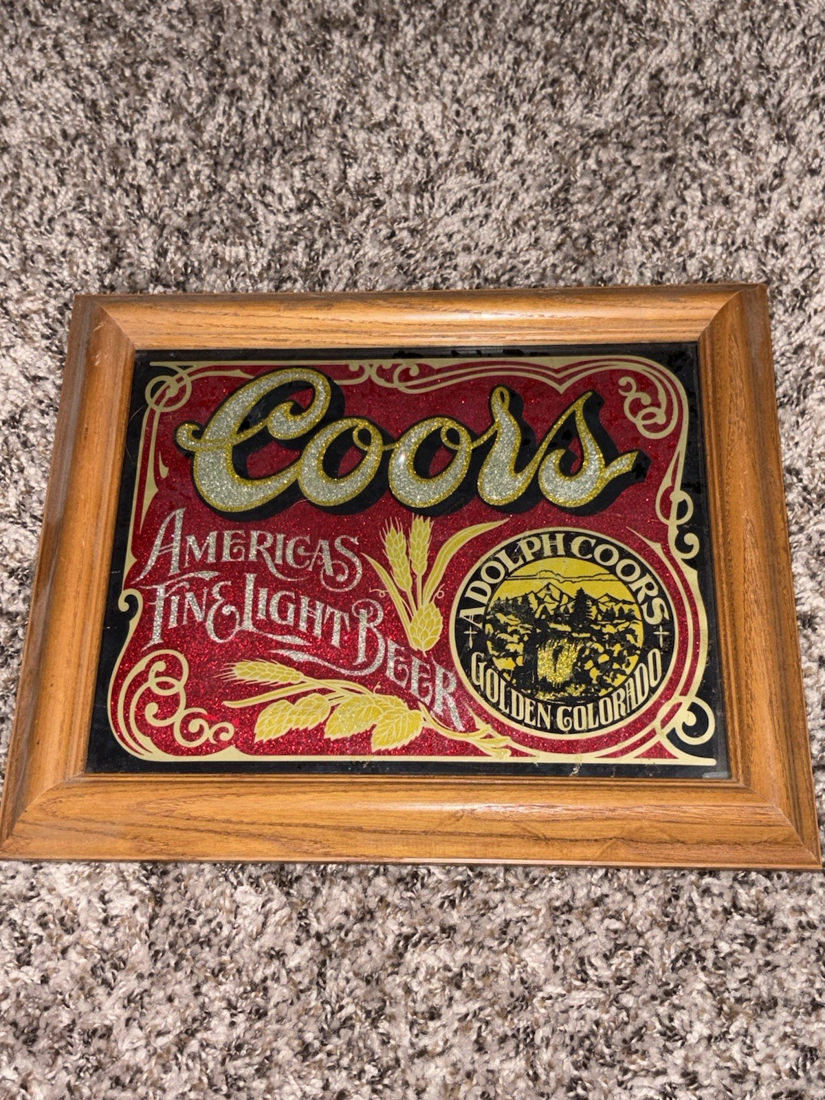 Vtg Coors Brewing Co Wood Framed Glass Foil Advertising Sign VTG 1970\'s 12x10