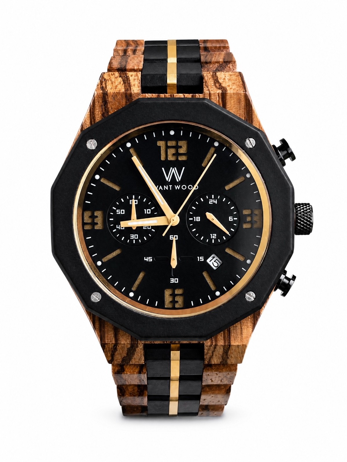 Avant Wood Explorer S Men's 44mm Zebra Wood Black Steel Quartz Chronograph Watch