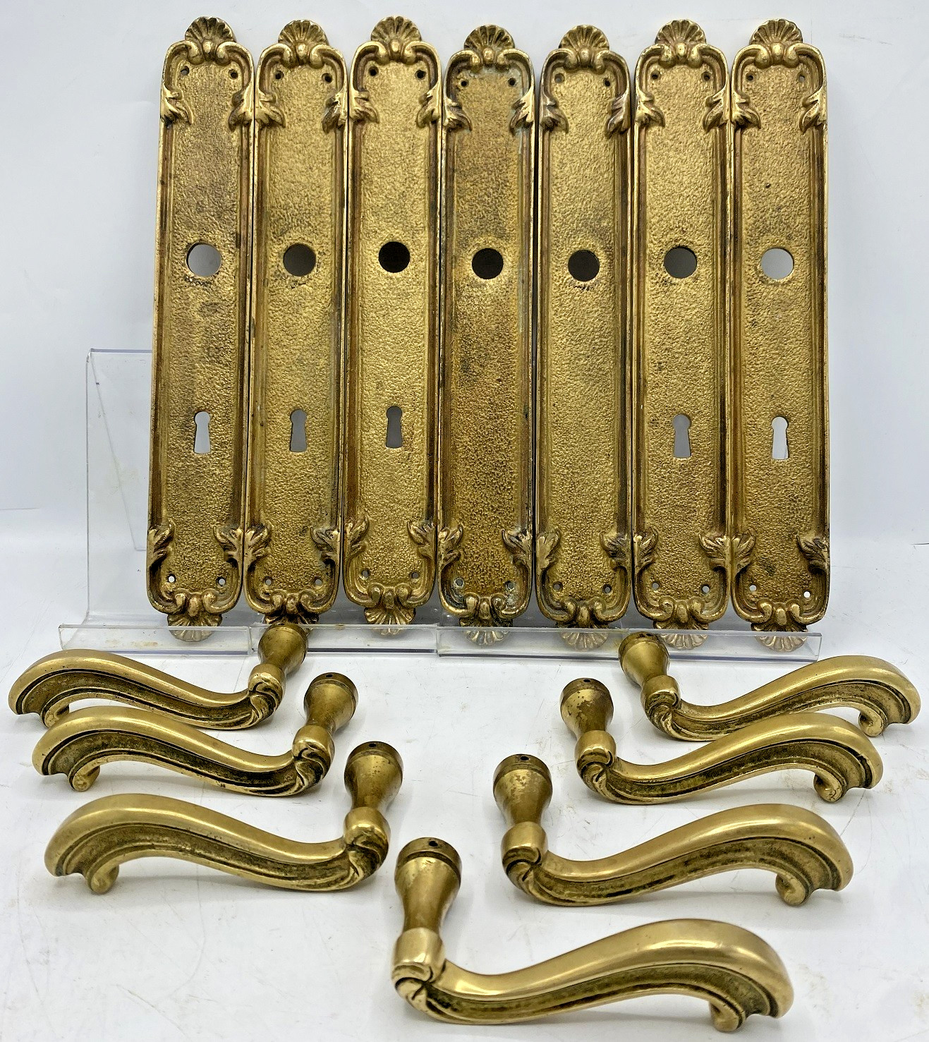 7 antique french door handles with plates Mid-1900's brass castle