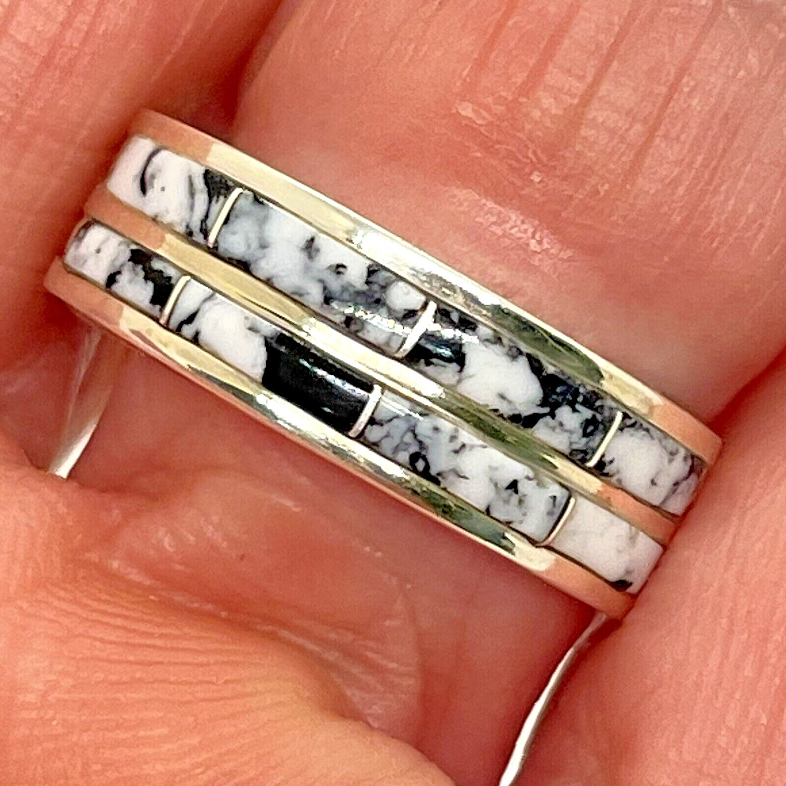 Navajo White Buffalo Turquoise Two Stack Ring Band Sz 9 Sterling CJ Kyle 1/4\