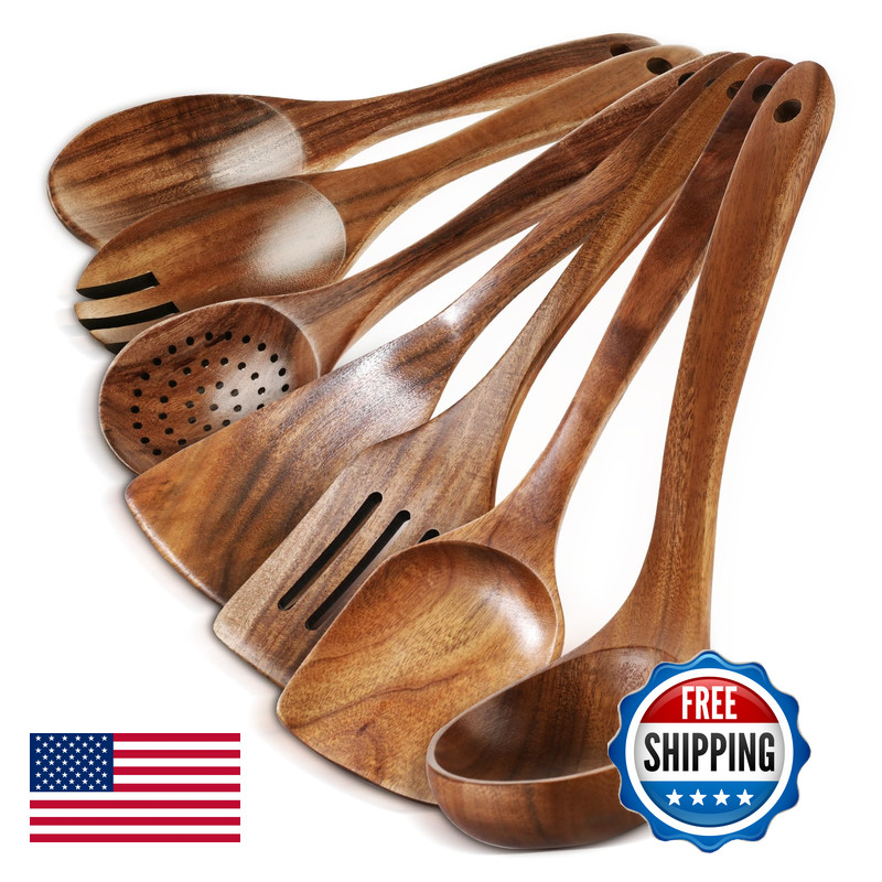 Gianabor Wooden Spoons For Cooking - 7 Pieces Wooden Kitchen Utensils Set