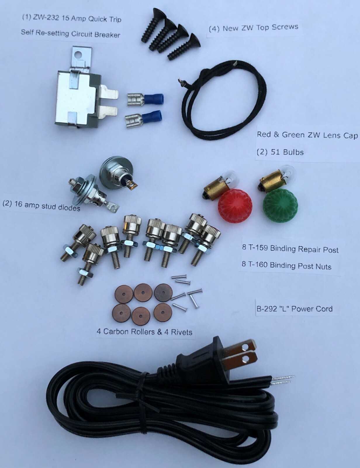 Lionel ZW Transformer Repair Kit (L cord,diodes,rollers, rivets,circuit breaker Lionel ZW Transformer Repair Kit (L cord,diodes,rollers, rivets,circuit breaker