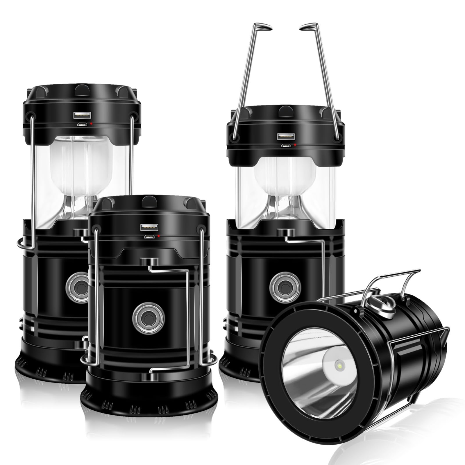 4-Pack Solar Camping Lantern Flashlight Collapsible USB Rechargeable for Outdoor