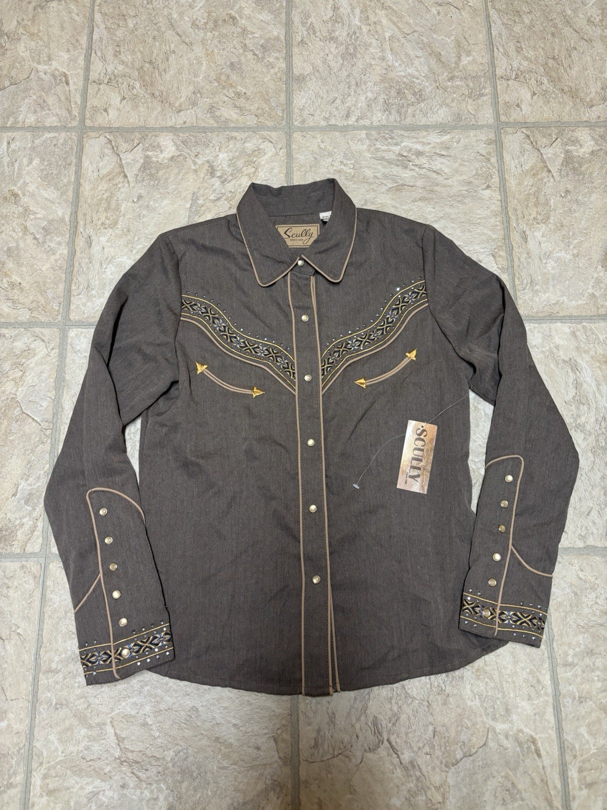 NWT Scully Women’s XS Western Pearl Snap Long Sleeve Floral Embroidered Shirt