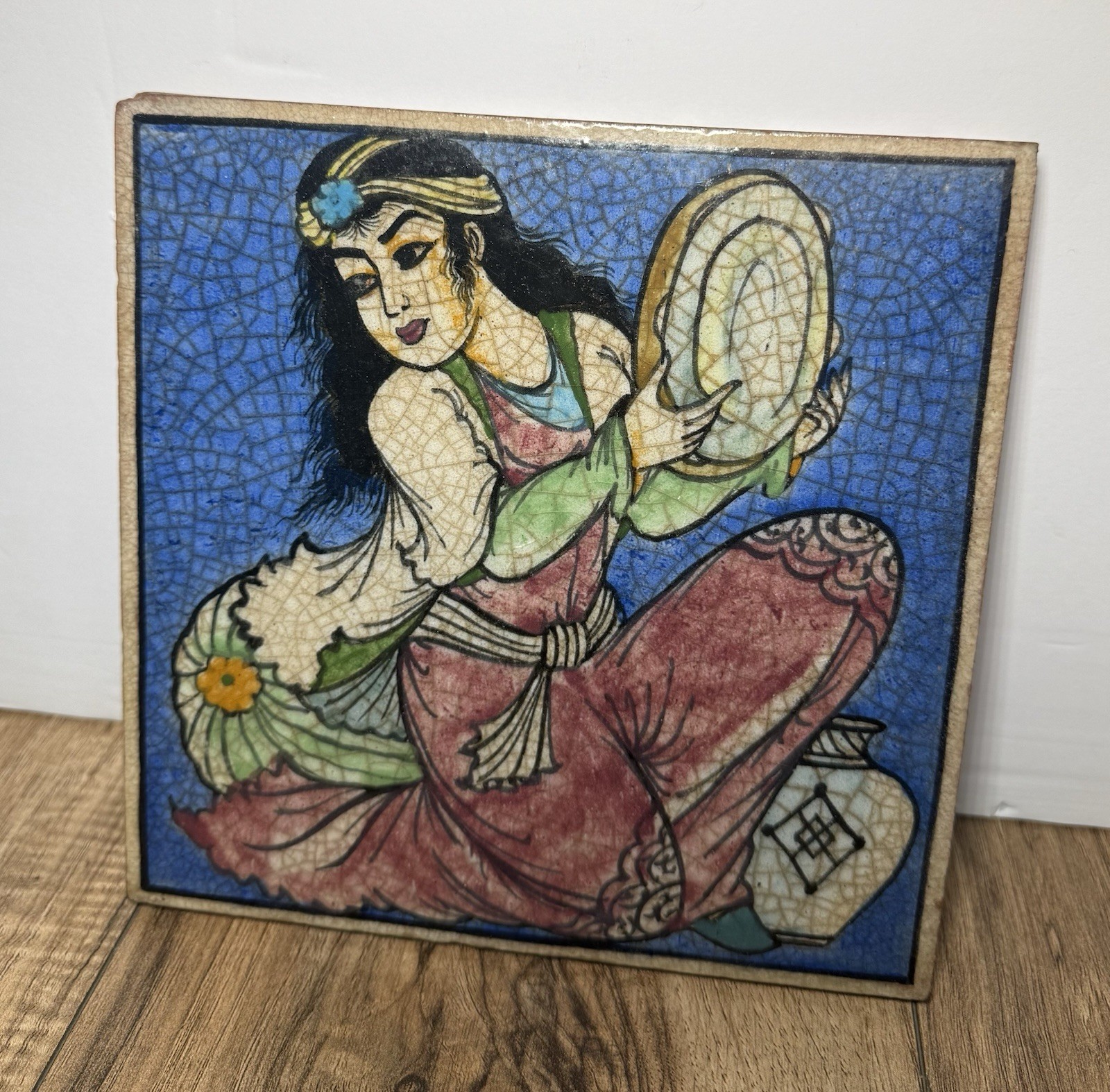 Antique 19th C Persian Qajar Style Ceramic Tile Female Musician Playing Daf Drum