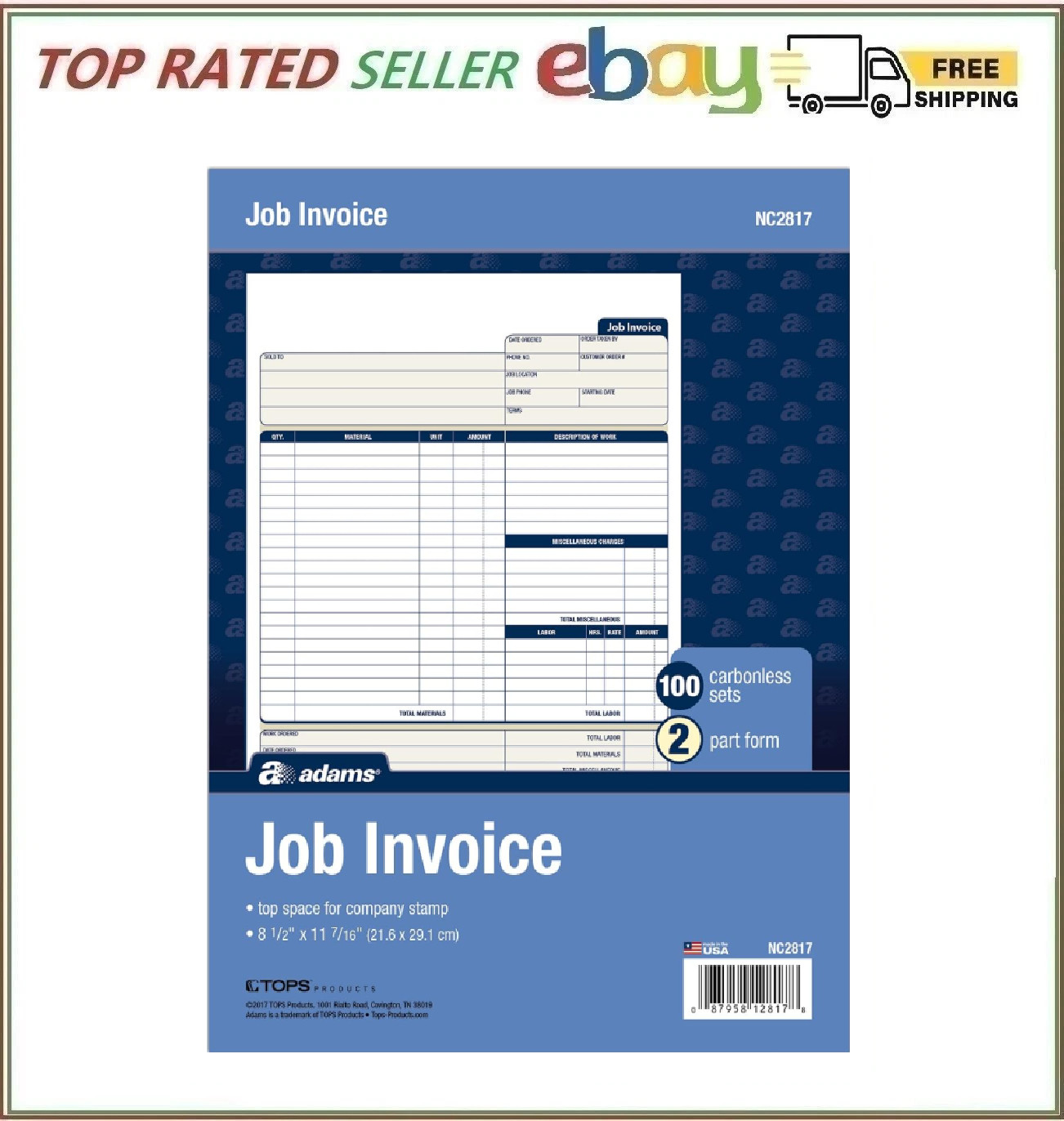Adams Job Invoice Forms, 2-Part Carbonless, for Service and Repair Billing, 100 Adams Job Invoice Forms, 2-Part Carbonless, for Service and Repair Billing, 100