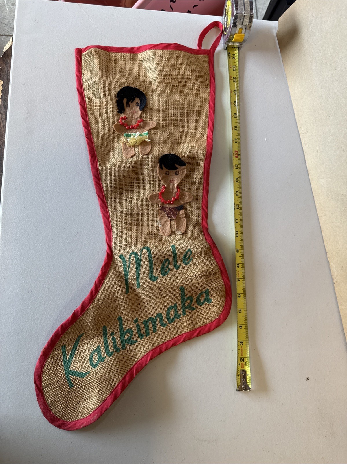 VTG Lanakila Mele Kalikimaka Hawaiian Burlap Christmas Stocking Very Nice