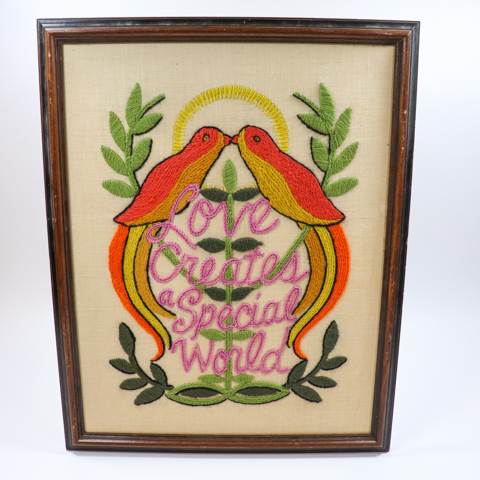 Vtg Crewel Embroidery Kitschy Funky Groovy Bright Love Creates a Special World
