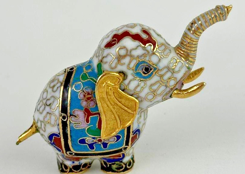 Vintage Chinese Cloisonne Enamel Miniature Elephant Figurine Trunk Up 2