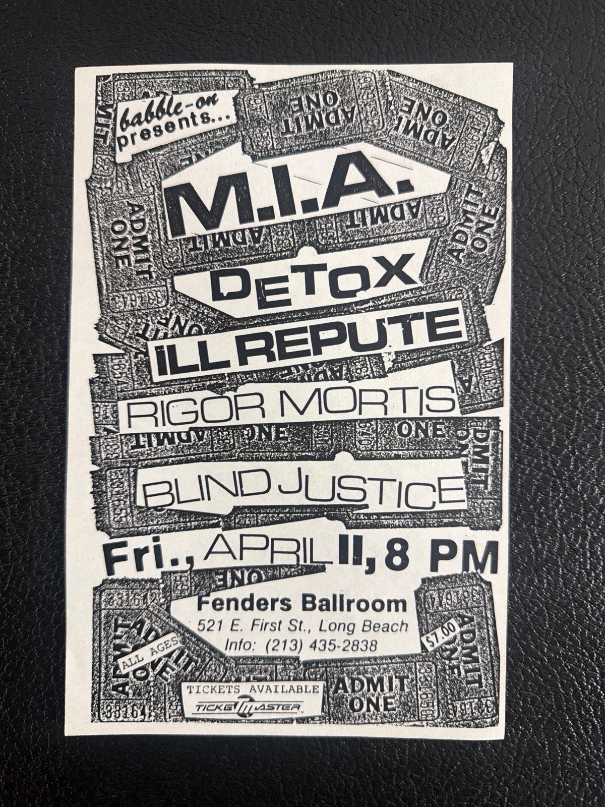 Vintage Ill Repute MIA Detox Punk Concert Flyer Fenders Ballroom Long Beach 1986