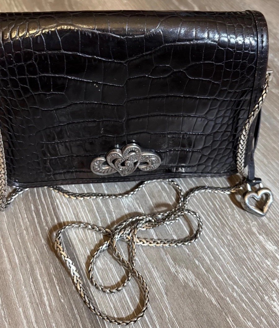 Brighton Croc Embossed Black Shoulder Bag Silver Chain Heart Vintage Brighton Croc Embossed Black Shoulder Bag Silver Chain Heart Vintage
