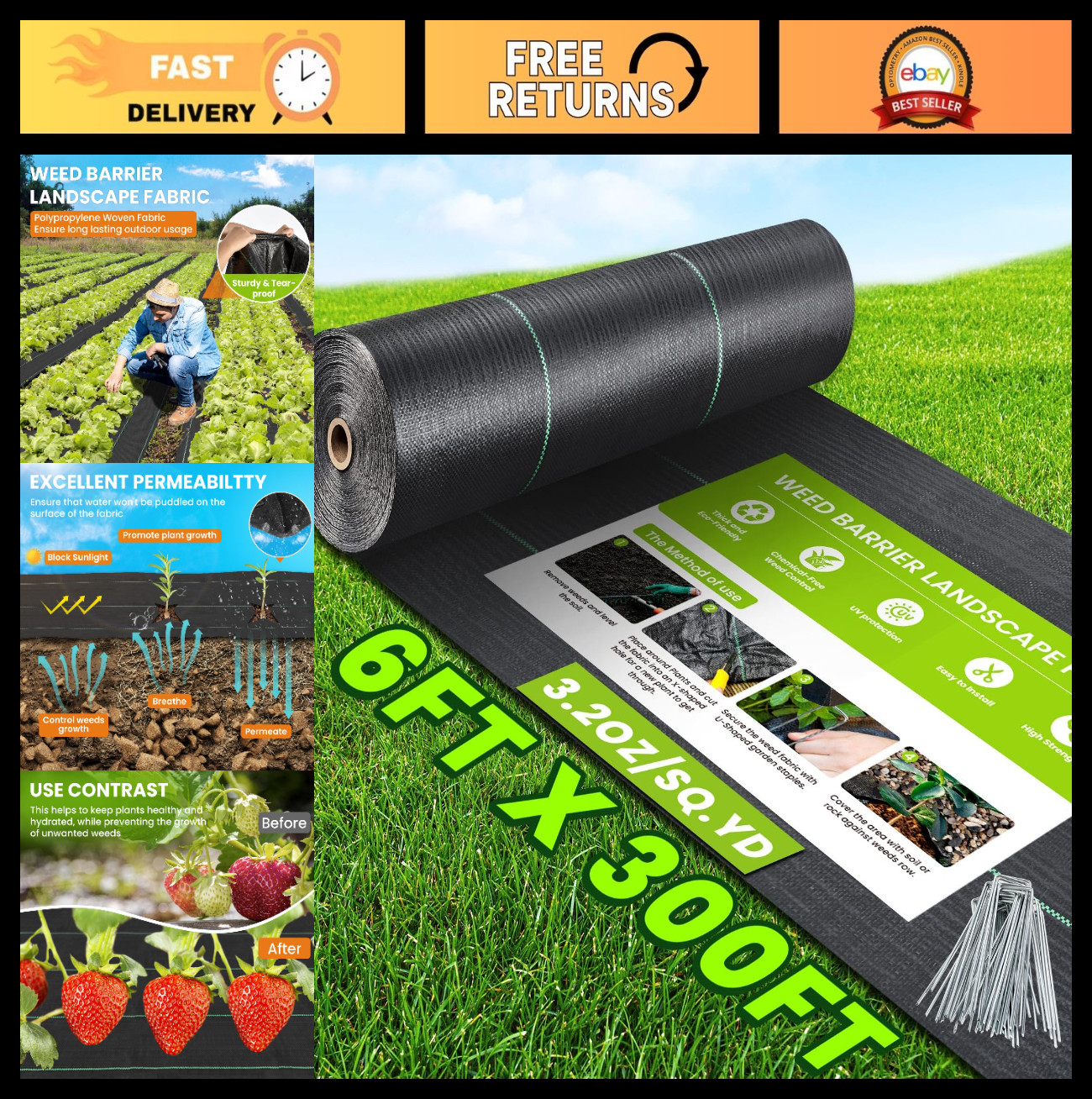 Heavy Duty 6x300FT Weed Barrier Landscape Fabric, 3.2oz Woven Garden Cover