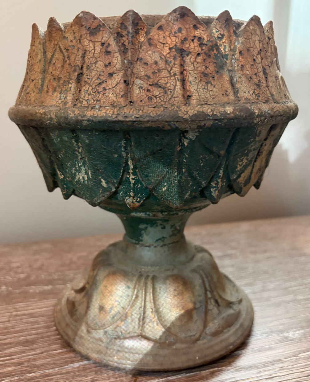 Antique Cast Iron Pedestal Urn Planter Stamped 3 Weathered Green Patina Leaf 