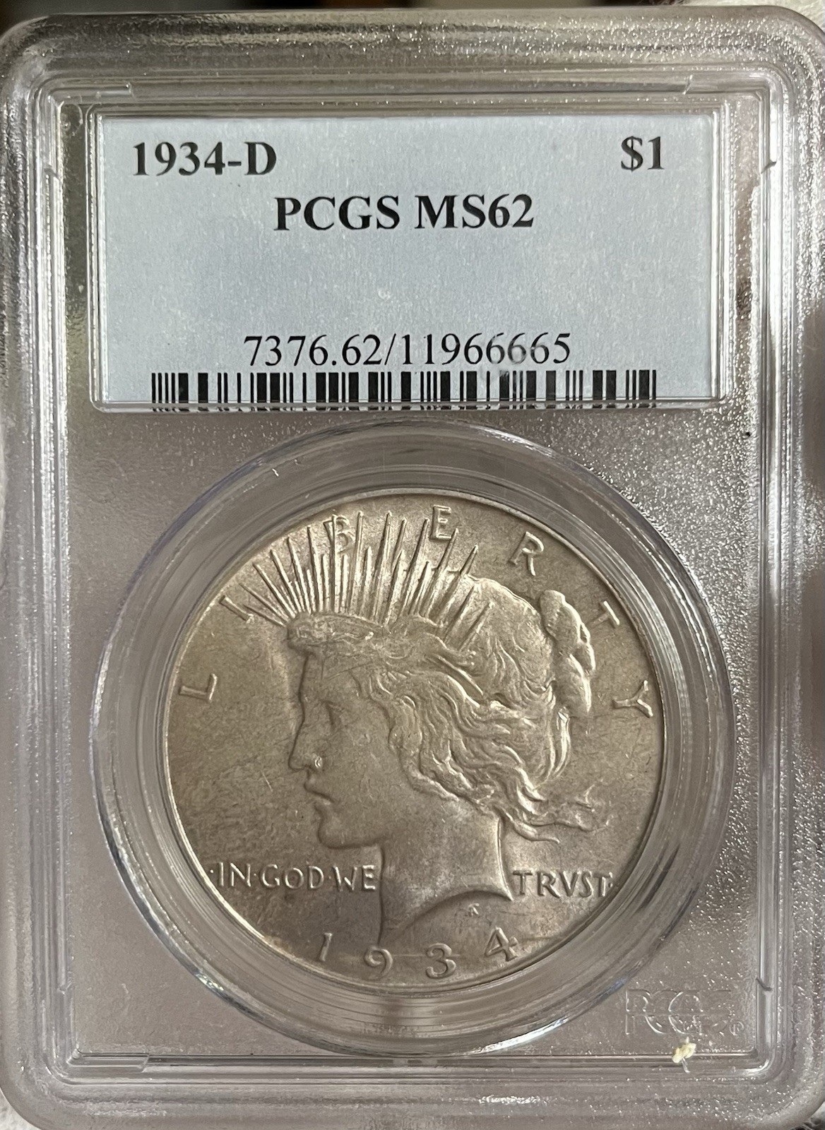 1934-D PCGS MS62 Peace Silver Dollar. Better Date Uncirculated Coin 🗽🔥