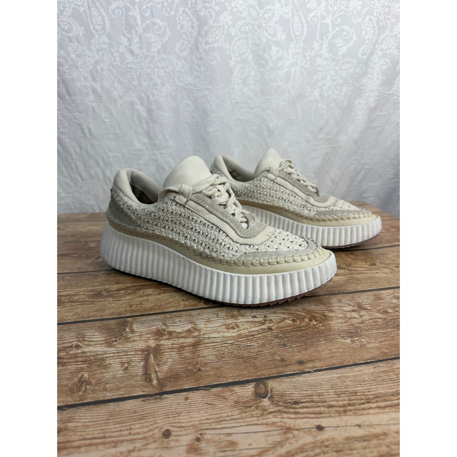 Chloe Womens Cream Nama Platform Sneakers Woven Mesh Suede Boho Y2K Low-Top