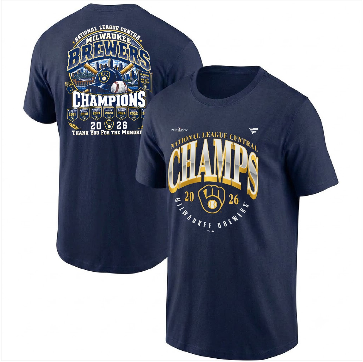 Milwaukee Brewers 2026 National League Central Division Champions 2sided TShirt Milwaukee Brewers 2026 National League Central Division Champions 2sided TShirt